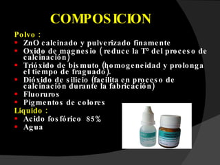 COMPOSICION Polvo :   ZnO calcinado y pulverizado finamente Oxido de magnesio ( reduce la T° del proceso de calcinación) Trióxido de bismuto (homogeneidad y prolonga el tiempo de fraguado).  Dióxido de silicio (facilita en proceso de calcinación durante la fabricación) Fluoruros  Pigmentos de colores Liquido : Acido fosfórico  85% Agua 
