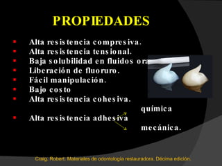 PROPIEDADES Alta resistencia compresiva. Alta resistencia tensional. Baja solubilidad en fluidos orales. Liberación de fluoruro. Fácil manipulación. Bajo costo Alta resistencia cohesiva. química Alta resistencia adhesiva  mecánica. Craig. Robert. Materiales de odontología restauradora. Décima edición.  