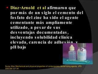 Diaz-Arnold  et al  afirmaron que por más de un siglo el cemento del fosfato del zinc ha sido el agente cementante más ampliamente utilizado, a pesar de sus desventajas documentadas, incluyendo solubilidad clínica elevada, carencia de adhesión, y pH bajo Nuray Attar Mechanical and physical properties of contemporary dental luting agents. JPD 2003;89:127-34. 