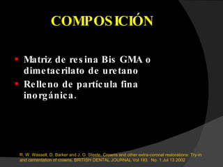 COMPOSICIÓN Matriz de resina Bis GMA o dimetacrilato de uretano Relleno de partícula fina inorgánica. R. W. Wassell, D. Barker and J. G. Steele.  Crowns and other extra-coronal restorations: Try-in and cementation of crowns.  BRITISH DENTAL JOURNAL Vol 193.  No. 1 Jul 13 2002 
