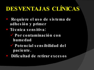 DESVENTAJAS CLÍNICAS Requiere el uso de sistema de adhesión y primer Técnica sensitiva: Por contaminación con humedad  Potencial sensibilidad del paciente. Dificultad de retirar excesos 