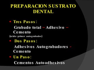 PREPARACION SUSTRATO DENTAL Tres Pasos:   Grabado total  –  Adhesivo  –  Cemento (ácido- primer  autograbador) Dos Pasos: Adhesivos Autograbadores  -  Cemento Un Paso:   Cementos Autoadhesivos 