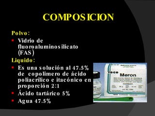 COMPOSICION Polvo: Vidrio de fluoroaluminosilicato  (FAS) Liquido: Es una solución al 47.5% de  copolimero de ácido poliacrílico e itacónico en proporción 2:1 Ácido tartárico 5% Agua 47.5% 
