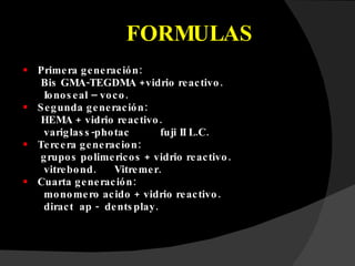 FORMULAS Primera generación: Bis GMA-TEGDMA +vidrio reactivo. Ionoseal – voco. Segunda generación: HEMA + vidrio reactivo. variglass-photac  fuji II L.C. Tercera generacion: grupos polimericos + vidrio reactivo. vitrebond.  Vitremer. Cuarta generación: monomero acido + vidrio reactivo. diract  ap -  dentsplay. 
