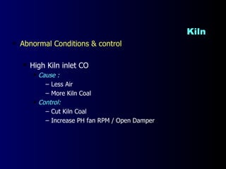 Kiln  <ul><li>Abnormal Conditions & control </li></ul><ul><ul><li>High Kiln inlet CO </li></ul></ul><ul><ul><ul><li>Cause ...