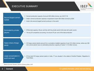 For updated information, please visit www.ibef.orgCement3
EXECUTIVE SUMMARY
Source: Business Standard, Ministry of External Affairs, DIPP
 Cement production capacity of around 455 million tonnes, as of 2017-18.
 India’s cement production capacity is expected to reach 550 million tonnes by 2020.
 India is the second largest cement producer in the world.
Second largest cement
market
 Of the total capacity, 98 per cent lies with the private sector & the rest with public sector.
 The top 20 companies accounting for around 70 per cent of the total production
Dominated by private
players
 210 large cement plants account for a cumulative installed capacity of over 410 million tonnes, while over 350
mini cement plants have an estimated production capacity of nearly 11.10 million tonnes.
Higher share of large
plants
 Of the total 210 large cement plants in India, 77 are situated in the states of Andhra Pradesh, Rajasthan &
Tamil Nadu.
Large concentration in
south and west
 