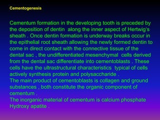 Cementogenesis


Cementum formation in the developing tooth is preceded by
the deposition of dentin along the inner aspect of Hertwig‘s
sheath . Once dentin formation is underway breaks occur in
the epithelial root sheath allowing the newly formed dentin to
come in direct contact with the connective tissue of the
dental sac , the undifferentiated mesenchymal cells derived
from the dental sac differentiate into cementoblasts . These
cells have the ultrastructural characteristics typical of cells
actively synthesis protein and polysaccharide .
The main product of cementoblasts is collagen and ground
substances , both constitute the organic component of
cementum .
The inorganic material of cementum is calcium phosphate
Hydroxy apatite .
 