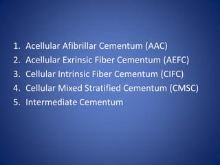 1. Acellular Afibrillar Cementum (AAC)
2. Acellular Exrinsic Fiber Cementum (AEFC)
3. Cellular Intrinsic Fiber Cementum (CIFC)
4. Cellular Mixed Stratified Cementum (CMSC)
5. Intermediate Cementum
 