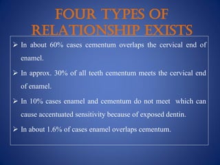  In about 60% cases cementum overlaps the cervical end of
enamel.
 In approx. 30% of all teeth cementum meets the cervical end
of enamel.
 In 10% cases enamel and cementum do not meet which can
cause accentuated sensitivity because of exposed dentin.
 In about 1.6% of cases enamel overlaps cementum.
four TYPES OF
RELATIONSHIP EXIsTS
 