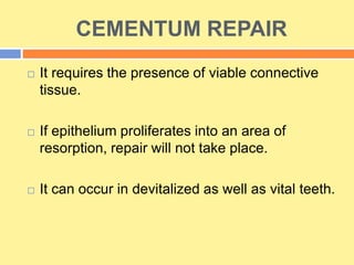 CEMENTUM REPAIR
 It requires the presence of viable connective
tissue.
 If epithelium proliferates into an area of
resorption, repair will not take place.
 It can occur in devitalized as well as vital teeth.
 