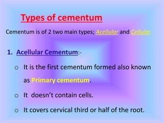 Types of cementum
Cementum is of 2 two main types; Acellular and Cellular.
1. Acellular Cementum:-
o It is the first cementum formed also known
as Primary cementum.
o It doesn’t contain cells.
o It covers cervical third or half of the root.
 