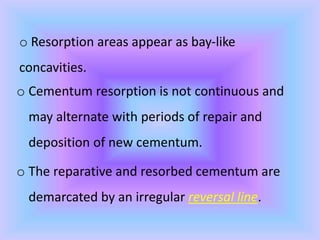o Resorption areas appear as bay-like
concavities.
o Cementum resorption is not continuous and
may alternate with periods of repair and
deposition of new cementum.
o The reparative and resorbed cementum are
demarcated by an irregular reversal line.
 