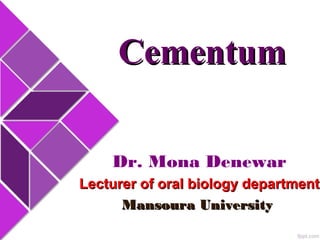 CementumCementum
Dr. Mona Denewar
Lecturer of oral biology departmentLecturer of oral biology department
Mansoura UniversityMansoura University
 