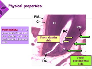 From
periodontal
side
From dentin
side
Permeability: it isit is
permeable from bothpermeable from both
thethe dentindentin and theand the
periodontal ligamentperiodontal ligament
side.side.
Physical properties:Physical properties:
 
