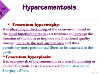 HypercementosisHypercementosis
 Cementum hypertrophy:Cementum hypertrophy:
It is physiologic thickening of the cementum found in
the good functioning teeth as a response to increase the
function of the tooth to improve the functional quality
through increase the root surface area and thus
permitting more periodontal fibers to be attached to the
tooth.
Cementum hyperplasia:Cementum hyperplasia:
It is overgrowth of the cementum in a non-functioning or
embedded tooth. It is characterized by the absence of
Sharpey's fibers.
 