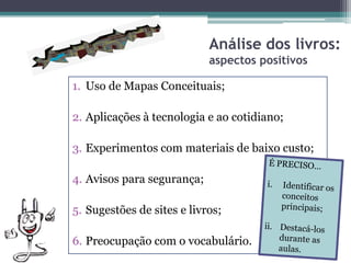Análise dos livros:
                            aspectos positivos

1. Uso de Mapas Conceituais;

2. Aplicações à tecnologia e ao cotidiano;

3. Experimentos com materiais de baixo custo;

4. Avisos para segurança;

5. Sugestões de sites e livros;

6. Preocupação com o vocabulário.
 