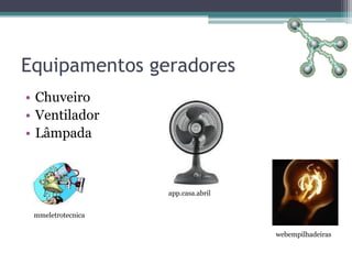 Equipamentos geradores
• Chuveiro
• Ventilador
• Lâmpada



                   app.casa.abril


 mmeletrotecnica

                                    webempilhadeiras
 