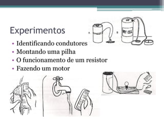 Experimentos
•   Identificando condutores
•   Montando uma pilha
•   O funcionamento de um resistor
•   Fazendo um motor
 