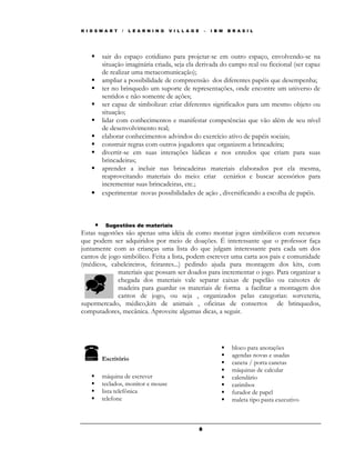 K I D S M A R T   /   L E A R N I N G   V I L L A G E       –   I B M   B R A S I L




        sair do espaço cotidiano para projetar-se em outro espaço, envolvendo-se na
        situação imaginária criada, seja ela derivada do campo real ou ficcional (ser capaz
        de realizar uma metacomunicação);
        ampliar a possibilidade de compreensão dos diferentes papéis que desempenha;
        ter no brinquedo um suporte de representações, onde encontre um universo de
        sentidos e não somente de ações;
        ser capaz de simbolizar: criar diferentes significados para um mesmo objeto ou
        situação;
        lidar com conhecimentos e manifestar competências que vão além de seu nível
        de desenvolvimento real;
        elaborar conhecimentos advindos do exercício ativo de papéis sociais;
        construir regras com outros jogadores que organizem a brincadeira;
        divertir-se em suas interações lúdicas e nos enredos que criam para suas
        brincadeiras;
        aprender a incluir nas brincadeiras materiais elaborados por ela mesma,
        reaproveitando materiais do meio: criar cenários e buscar acessórios para
        incrementar suas brincadeiras, etc.;
    •   experimentar novas possibilidades de ação , diversificando a escolha de papéis.



     • Sugestões de materiais
Estas sugestões são apenas uma idéia de como montar jogos simbólicos com recursos
que podem ser adquiridos por meio de doações. É interessante que o professor faça
juntamente com as crianças uma lista do que julgam interessante para cada um dos
cantos de jogo simbólico. Feita a lista, podem escrever uma carta aos pais e comunidade
(médicos, cabeleireiros, feirantes...) pedindo ajuda para montagem dos kits, com
             materiais que possam ser doados para incrementar o jogo. Para organizar a
             chegada dos materiais vale separar caixas de papelão ou caixotes de
             madeira para guardar os materiais de forma a facilitar a montagem dos
             cantos de jogo, ou seja , organizados pelas categorias: sorveteria,
supermercado, médico,kits de animais , oficinas de consertos de brinquedos,
computadores, mecânica. Aproveite algumas dicas, a seguir.




                                                                         bloco para anotações
                                                                         agendas novas e usadas
        Escritório
                                                                         caneta / porta canetas
                                                                         máquinas de calcular
        máquina de escrever                                              calendário
        teclados, monitor e mouse                                        carimbos
        lista telefônica                                                 furador de papel
        telefone                                                         maleta tipo pasta executivo



                                                        8
 