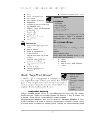 K I D S M A R T   /   L E A R N I N G   V I L L A G E   –   I B M   B R A S I L




        panos                                                        carrinhos de supermercado e cestas
        panelas velhas (pequenas)
                                                        Massinha Caseira
        bule e xícaras
        copos e pratos de plástico
                                                        Ingredientes:
        liquidificador
                                                        1 kg de farinha
        escorredor de macarrão e de arroz               1 xícara de chá de óleo
        ferro de passar roupa                           ½ xícara de chá de sal
        colheres e outros utensílios de pau             2 colheres de sopa de guache
        ou alumínio                                     água até dar o ponto
        chuveiro velho
        telefone velho                                  Misturar um pouco de água com guache, óleo e sal, em
        agenda e bloco de recados                       seguida acrescentar a farinha e ir amassando e
        lista telefônica                                acrescentando água até dar o ponto (desgrudar da
        caneta                                          mão).
                                                        Apetrechos para brincar:
       Supermercado
        diversas embalagens de produtos                 espremedor de batatas
        vazias                                          cabo de vassoura cortado como toquinhos para alisar a
        frutas de plástico                              massa
        sacolas de supermercado                         forminhas
        caixa registradora                              palitos de churrasco e sorvete
        etiquetas para marcar preços dos                diversas sucatas como tampinhas, carretéis etc., que
        produtos                                        possam imprimir marcas na massa.
        prateleiras improvisadas para                                 crachás
        armazenar os produtos                                         telefone
        placas para marcar ofertas de                                 notas de papel e fichas (dinheiro)
        produtos                                                      carteira
        etiquetas de preços
        cartazes de propaganda de
        produtos

                                                                Sugestões de construção:
Canto “Faça Você Mesmo”                                         ▪ Boneca de papel
A intenção é que a criança participe da construção de           ▪ Dobradura
seus próprios brinquedos e objetos para brincar. Esta atividade ▪ Construção de brinquedos
pode, e deve ser aproveitada como um espaço de resgate do com sucata
                                                                ▪ Pipa
valor do brinquedo artesanal e até mesmo para contribuir com a
                                                                ▪ Máscara
ampliação do acervo de brinquedos da escola.                    ▪ Escultura de arame
                                                                ▪ Massinha
      • Como introduzir a proposta
Cabe ao educador propor oficinas de construção que incorporem o saber das crianças,
sua liberdade de criação sem, contudo, esquecer de alimentar o fazer da criança com
repertório cultural para que possa avançar em suas construções.
O professor pode pesquisar e levar livros que ensinem a técnica da dobradura, de como
confeccionar bonecas de sucata, de artistas que trabalhem com esculturas de arame e assim
por diante. Outra possibilidade é convidar pessoas da região que saibam fazer brinquedos



                                                    11
 