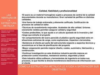Calidad, fiabilidad y profesionalidad
    LAS                                 •El acero es un material homogéneo sujeto a procesos de control de la calidad
VENTAJAS DE                             documentados durante su manufactura. Gran variedad de perfiles en distintas
                                        calidades.
     LA
ESTRUCTURA                              •Una fuerza de trabajo entrenada y altamente calificada. Certificación de
                                        procesos de calidad en taller.
 METÁLICA
                                        •Técnicas de revestimiento mejoradas. Acabados de alta calidad. Uniones
Fabricación de estructuras
Fabricación de estructuras
                                        claramente visibles permiten asegurar calidad y seguridad
metálicas en taller
metálicas en taller                     •Costes predecibles, lo que ayuda a un cálculo ajustado de la inversión y del
Montaje en obra de estructuras
Montaje en obra de estructuras
metálicas
                                        riesgo que entraña el proyecto
metálicas

Cubiertas y fachadas metálicas
                                        •Un comportamiento del acero parecido al plástico aporta seguridad extra en
Cubiertas y fachadas metálicas
Fabricación de vigas mediante
Fabricación de vigas mediante           situaciones extremas de carga, como explosiones, impactos o terremotos.
arco sumergido
arco sumergido
                                        •Asistencia al cliente por parte del estructurista respecto a aspectos técnicos y
Cálculo, Ingeniería y diseño de
Cálculo, Ingeniería y diseño de
estructuras
estructuras                             económicos en la fase de planificación del proyecto
Estructuras metálicas para
 Estructuras metálicas para             •Mayor cooperación permite mejorar diseño, costes, suministro, fabricación y
edificación, edificios singulares,
 edificación, edificios singulares,
obra civil, puentes, plantas
 obra civil, puentes, plantas           construcción.
industriales
 industriales
                                        •Continua investigación en esta dinámica industria permite mejoras en
Rehabilitación de edificios
Rehabilitación de edificios
mediante estrucutra metálica
mediante estrucutra metálica            protección contra incendios, resistencia sísmica, seguridad y salud
Estrucutra metálica para naves
 Estrucutra metálica para naves         •Esta industria utiliza software y herramientas de ingeniería en todos sus
industriales
 industriales
                                        procesos, lo que facilita la directa transferencia electrónica de información con
Ensamblaje de forjados
Ensamblaje de forjados
metálicos
metálicos
                                        el cliente
                                      CÓMO LA ESTRUCTURA METÁLICA LE AYUDA A SATISFACER SUS
                                                           OBJETIVOS
 