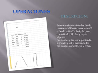 En este trabajo uní celdas desde
la columna B hasta la columna E
y desde la fila 2 a la 4 y le puse
como titulo cálculos y copie
algunas
cantidades y las sume poniendo
signo de igual y marcando las
cantidades dándole clic y enter.

 