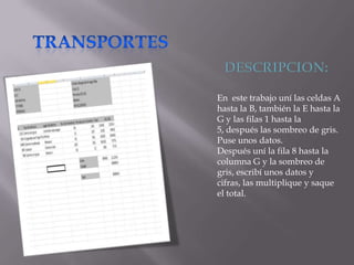 En este trabajo uní las celdas A
hasta la B, también la E hasta la
G y las filas 1 hasta la
5, después las sombreo de gris.
Puse unos datos.
Después uní la fila 8 hasta la
columna G y la sombreo de
gris, escribí unos datos y
cifras, las multiplique y saque
el total.

 