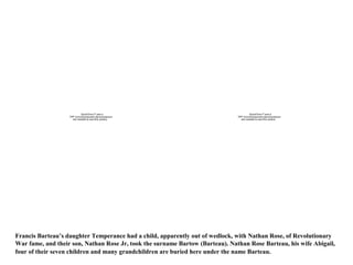 QuickTime™ and a                                            QuickTime™ and a
                   TIFF (Uncompressed) decompressor                            TIFF (Uncompressed) decompressor
                      are needed to see this picture.                             are needed to see this picture.




Francis Barteau’s daughter Temperance had a child, apparently out of wedlock, with Nathan Rose, of Revolutionary
War fame, and their son, Nathan Rose Jr, took the surname Bartow (Barteau). Nathan Rose Barteau, his wife Abigail,
four of their seven children and many grandchildren are buried here under the name Barteau.
 