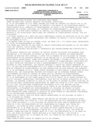 BOLSA MEXICANA DE VALORES, S.A.B. DE C.V.
COMENTARIOS Y ANALISIS DE LA
ADMINISTRACIÓN SOBRE LOS RESULTADOS
DE OPERACIÓN Y SITUACIÓN FINANCIERA DE LA
COMPAÑÍA
CLAVE DE COTIZACIÓN:
6
AÑO:TRIMESTRE: 03 2014
CONSOLIDADO
Impresión Final
CEMEX
CEMEX, S.A.B. DE C.V.
PAGINA 10/
DE MONTO PRINCIPAL DE NOTAS 2020 ACEPTADAS PARA COMPRA.
CEMEX OBTIENE NUEVO CRÉDITO BANCARIO CON MEJORES CONDICIONES
EL 30 DE SEPTIEMBRE DE 2014 CEMEX INFORMÓ QUE FIRMÓ UN CONTRATO DE CRÉDITO POR $1,350
MILLONES DE DÓLARES ( EL “CONTRATO DE CRÉDITO”) CON NUEVE DE LOS PRINCIPALES BANCOS
PARTICIPANTES EN EL CONTRATO DE FINANCIAMIENTO DE FECHA 17 DE SEPTIEMBRE DE 2012 (SEGÚN
ENMENDADO EN DIVERSAS OCASIONES, EL “CONTRATO DE FINANCIAMIENTO”). LOS TÉRMINOS
PRINCIPALES DE ESTE NUEVO CONTRATO DE CRÉDITO, LOS CUALES REPRESENTAN UNA MEJORA
RESPECTO A LAS PRINCIPALES CONDICIONES DEL CONTRATO DE FINANCIAMIENTO ACTUAL, SON LOS
SIGUIENTES:
• UN PLAZO PROMEDIO DE 4 AÑOS CON PAGOS SEMESTRALES IGUALES DE PRINCIPAL DE UN 20% CADA
UNO, COMENZANDO EN EL TERCER ANIVERSARIO DEL CONTRATO DE CRÉDITO Y CON EL ÚLTIMO PAGO
EN SEPTIEMBRE DE 2019.
• UN MARGEN SOBRE LA TASA DE INTERÉS LIBOR, DE ENTRE 250 Y 375 PUNTOS BASE, DEPENDIENDO
DEL NIVEL DE APALANCAMIENTO DE CEMEX.
• UN TRAMO QUE CONSISTE EN UNA LÍNEA DE CRÉDITO REVOLVENTE EQUIVALENTE AL 40% DEL MONTO
TOTAL DEL CRÉDITO, CON EL MISMO PLAZO.
• MEJORAS EN ALGUNAS OBLIGACIONES Y COMPROMISOS QUE PROPORCIONARÁN MÁS FLEXIBILIDAD A
CEMEX.
LOS RECURSOS OBTENIDOS DEL CONTRATO DE CRÉDITO FUERON UTILIZADOS INICIALMENTE PARA
REFINANCIAR 1,350 MILLONES DE DÓLARES DE DEUDA BAJO EL CONTRATO DE FINANCIAMIENTO.
DESPUÉS DE REALIZAR ESTE PREPAGO, Y JUNTO CON EL PREPAGO DE $350 MILLONES DE DÓLARES
PROVENIENTES DE LOS RECURSOS OBTENIDOS DE LA EMISIÓN DEL 11 DE SEPTIEMBRE DE 2014 DE
NOTAS SENIOR GARANTIZADAS, CEMEX PAGÓ DURANTE SEPTIEMBRE Y OCTUBRE DE 2014 UN TOTAL DE
$1,700 MILLONES DE DÓLARES DE DEUDA BAJO EL CONTRATO DE FINANCIAMIENTO, REDUCIENDO ASÍ
EL MONTO PRINCIPAL PENDIENTE DE PAGO A APROXIMADAMENTE $2,475 MILLONES DE DÓLARES Y
EVITANDO EL PAGO TRIMESTRAL, QUE HUBIESE EMPEZADO A PARTIR DEL TERCER TRIMESTRE DE
2015, DE UNA COMISIÓN CONTINGENTE DEL 0.50% SOBRE EL MONTO PRINCIPAL PENDIENTE DE PAGO
BAJO EL CONTRATO DE FINANCIAMIENTO. EN UNA SEGUNDA FASE DE ESTE PROCESO, QUE COMIENZÓ
EL 30 DE SEPTIEMBRE DE 2014, CEMEX ESTARÁ INVITANDO A OTROS BANCOS A PARTICIPAR EN ESTA
TRANSACCIÓN, CON CUALESQUIERA RECURSOS ADICIONALES QUE SE OBTENGAN TAMBIÉN SIENDO
INICIALMENTE APLICADOS AL PREPAGO DE DEUDA BAJO EL CONTRATO DE FINANCIAMIENTO.
CEMEX FIJA PRECIO DE 200 MILLONES DE DÓLARES EN UNIDADES CONVERTIBLES CONTINGENTES
EL 26 DE SEPTIEMBRE DE 2014 CEMEX ANUNCIÓ QUE FIJÓ EL PRECIO DE SU OFERTA PRIVADA DE
200,000 UNIDADES CONVERTIBLES CONTINGENTES, CADA UNA POR UN MONTO ESTABLECIDO DE 1,000
DÓLARES. SE PRETENDE FINANCIAR EL PAGO DE 200 MILLONES DE DÓLARES DE MONTO PRINCIPAL DE
LAS OBLIGACIONES CONVERTIBLES SUBORDINADAS DE CEMEX CON CUPÓN DE 4.875% CON VENCIMIENTO
EN 2015 (LAS “OBLIGACIONES CONVERTIBLES EXISTENTES 2015”) QUE EXPIREN SIN SER
CONVERTIDAS CON LOS RECURSOS OBTENIDOS DE LA OFERTA DE LAS UNIDADES CONVERTIBLES
CONTINGENTES. ACTUALMENTE HAY APROXIMADAMENTE 204 MILLONES DE DÓLARES DE MONTO
PRINCIPAL AGREGADO DE OBLIGACIONES CONVERTIBLES EXISTENTES 2015 EN CIRCULACIÓN. CON
ESTA TRANSACCIÓN CEMEX COMPLETÓ SU OBJETIVO DE HACER FRENTE AL VENCIMIENTO CONTINGENTE
DE SUS OBLIGACIONES CONVERTIBLES EXISTENTES 2015.
CEMEX FIJA EL PRECIO PARA SUS NOTAS SENIOR GARANTIZADAS DE 400 MILLONES DE EUROS Y
1,100 MILLONES DE DÓLARES
EL 4 DE SEPTIEMBRE DE 2014 CEMEX ANUNCIÓ QUE EMITIÓ 400 MILLONES DE EUROS EN NOTAS
SENIOR GARANTIZADAS CON CUPÓN DE 4.750% CON VENCIMIENTO EN 2022 DENOMINADAS EN EUROS
(LAS “NOTAS EN EUROS”) Y 1,100 MILLONES DE DÓLARES EN NOTAS SENIOR GARANTIZADAS CON
CUPÓN DE 5.700% CON VENCIMIENTO EN 2025 DENOMINADAS EN DÓLARES (LAS “NOTAS EN
DÓLARES”). LAS NOTAS EN EUROS TIENEN UNA TASA DE INTERÉS ANUAL DE 4.750% CON
VENCIMIENTO EL 11 DE ENERO DE 2022. LAS NOTAS EN EUROS FUERON EMITIDAS A SU VALOR
NOMINAL Y CON OPCIÓN A RECOMPRARSE A PARTIR DEL 11 DE ENERO DE 2018. LAS NOTAS EN
DÓLARES TIENEN UNA TASA DE INTERÉS ANUAL DE 5.700% CON VENCIMIENTO EL 11 DE ENERO DE
2025. LAS NOTAS EN DÓLARES FUERON EMITIDAS A SU VALOR NOMINAL Y CON OPCIÓN A
RECOMPRARSE A PARTIR DEL 11 DE ENERO DE 2020. EL CIERRE DE LAS OFERTAS FUE EL 11 DE
SEPTIEMBRE DE 2014.
CEMEX ANUNCIA NUEVA PLANTA DE CEMENTO DE CLH EN COLOMBIA
 