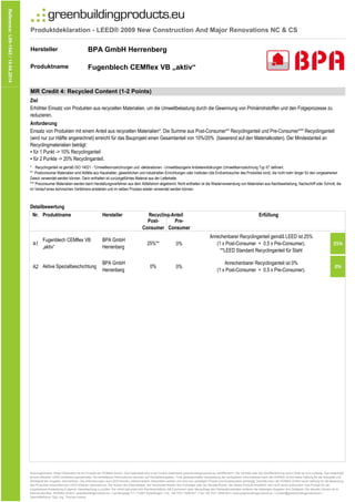 Produktdeklaration - LEED® 2009 New Construction And Major Renovations NC & CS
Hersteller
Produktname
Reference:L09-1542/14.04.2014
BPA GmbH Herrenberg
Fugenblech CEMflex VB „aktiv“
Nr.
Pre-
Consumer
Produktname
Detailbewertung
Ziel
* Recyclinganteil ist gemäß ISO 14021 - "Umweltkennzeichnungen und -deklarationen - Umweltbezogene Anbietererklärungen (Umweltkennzeichnung Typ II)" definiert.
** Postconsumer Materialien sind Abfälle aus Haushalten, gewerblichen und industriellen Einrichtungen oder Instituten (die Endverbraucher des Produktes sind), die nicht mehr länger für den vorgesehenen
Zweck verwendet werden können. Darin enthalten ist zurückgeführtes Material aus der Lieferkette.
*** Preconsumer Materialien werden beim Herstellungsverfahren aus dem Abfallstrom abgetrennt. Nicht enthalten ist die Wiederverwendung von Materialien aus Nachbearbeitung, Nachschliff oder Schrott, die
im Verlauf eines technischen Verfahrens entstehen und im selben Prozess wieder verwendet werden können.
MR Credit 4: Recycled Content (1-2 Points)
Anforderung
Erhöhter Einsatz von Produkten aus recycelten Materialien, um die Umweltbelastung durch die Gewinnung von Primärrohstoffen und den Folgeprozesse zu
reduzieren.
Einsatz von Produkten mit einem Anteil aus recycelten Materialien*. Die Summe aus Post-Consumer** Recyclinganteil und Pre-Consumer*** Recyclinganteil
(wird nur zur Hälfte angerechnet) erreicht für das Bauprojekt einen Gesamtanteil von 10%/20% (basierend auf den Materialkosten). Der Mindestanteil an
Recyclingmaterialien beträgt:
▪ für 1 Punkt -> 10% Recyclinganteil
▪ für 2 Punkte -> 20% Recyclinganteil.
Hersteller Erfüllung
Post-
Consumer
Recycling-Anteil
Consumer
A1 0% 25%
A2 0% 0%0%
Anrechenbarer Recyclinganteil ist 0%
(1 x Post-Consumer + 0.5 x Pre-Consumer).
Consumer
25%**
Anrechenbarer Recyclinganteil gemäß LEED ist 25%
(1 x Post-Consumer + 0.5 x Pre-Consumer).
**LEED Standard Recyclinganteil für Stahl
Aktive Spezialbeschichtung
BPA GmbH
Herrenberg
Fugenblech CEMflex VB
„aktiv“
BPA GmbH
Herrenberg
Nutzungshinweis: Diese Deklaration ist ein Produkt der HOINKA GmbH. Das Datenblatt wird in der Online-Datenbank greenbuildingproducts.eu veröffentlicht. Der Vertrieb oder die Veröffentlichung durch Dritte ist nicht zulässig. Das Datenblatt
ist kein offizieller LEED-Zertifizierungsnachweis. Die enthaltenen Informationen beruhen auf Herstellerangaben. Trotz gewissenhafter Verarbeitung der verfügbaren Informationen kann die HOINKA GmbH keine Haftung für die Aktualität und
Richtigkeit der Angaben übernehmen. Die Anforderungen aus LEED können unterschiedlich interpretiert werden und sind vom jeweiligen Projekt und Einsatzzweck abhängig. Deshalb kann die HOINKA GmbH keine Haftung für die Bewertung
des Produktes hinsichtlich der LEED Kriterien übernehmen. Der Nutzer des Datenblattes, der Verarbeiter/Käufer des Produktes oder der Berater/Planer, der dieses Produkt empfiehlt, wird nicht davon entbunden, das Produkt für die
vorgesehene Anwendung in eigener Verantwortung zu prüfen. Der Inhalt bekundet kein Rechtsverhältnis. Mit Erscheinen einer Neuauflage des Deklarationsblattes verlieren die bisherigen Angaben ihre Gültigkeit. Die aktuelle Version ist im
Internet abrufbar. HOINKA GmbH ▪ greenbuildingproducts.eu ▪ Lembergweg 7/1 ▪ 71067 Sindelfingen ▪ Tel. +49 7031 7659-441 ▪ Fax +49 7031 7659-443 ▪ www.greenbuildingproducts.eu ▪ contact@greenbuildingproducts.eu ▪
Geschäftsführer: Dipl.-Ing. Thomas Hoinka
 