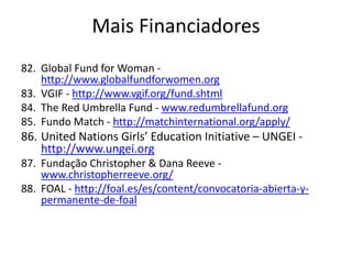 82. Global Fund for Woman -
http://www.globalfundforwomen.org
83. VGIF - http://www.vgif.org/fund.shtml
84. The Red Umbrella Fund - www.redumbrellafund.org
85. Fundo Match - http://matchinternational.org/apply/
86. United Nations Girls’ Education Initiative – UNGEI -
http://www.ungei.org
87. Fundação Christopher & Dana Reeve -
www.christopherreeve.org/
88. FOAL - http://foal.es/es/content/convocatoria-abierta-y-
permanente-de-foal
Mais Financiadores
 