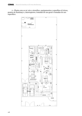 Manual de Instalaçõ es Elé tricas Residenciais 
2 - Planta com os mó veis e utensílios, equipamentos e aparelhos elé tricos, 
pontos de iluminaçã o, interruptores, tomadas de uso geral e tomadas de uso 
específico: 
128 
 