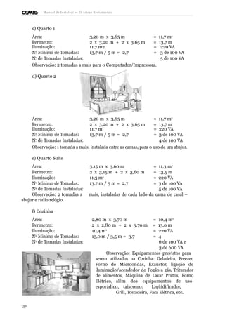 Manual de Instalaçõ es Elé tricas Residenciais 
c) Quarto 1 
Área: 3,20 m x 3,65 m = 11,7 m2 
Perímetro: 2 x 3,20 m + 2 x 3,65 m = 13,7 m 
Iluminação: 11,7 m2 = 220 VA 
No Mínimo de Tomadas: 13,7 m / 5 m = 2,7 = 3 de 100 VA 
No de Tomadas Instaladas: 5 de 100 VA 
Observação: 2 tomadas a mais para o Computador/Impressora. 
d) Quarto 2 
Área: 3,20 m x 3,65 m = 11,7 m2 
Perímetro: 2 x 3,20 m + 2 x 3,65 m = 13,7 m 
Iluminação: 11,7 m2 = 220 VA 
No Mínimo de Tomadas: 13,7 m / 5 m = 2,7 = 3 de 100 VA 
No de Tomadas Instaladas: 4 de 100 VA 
Observação: 1 tomada a mais, instalada entre as camas, para o uso de um abajur. 
e) Quarto Suíte 
Área: 3,15 m x 3,60 m = 11,3 m2 
Perímetro: 2 x 3,15 m + 2 x 3,60 m = 13,5 m 
Iluminação: 11,3 m2 = 220 VA 
No Mínimo de Tomadas: 13,7 m / 5 m = 2,7 = 3 de 100 VA 
No de Tomadas Instaladas: 5 de 100 VA 
Observação: 2 tomadas a mais, instaladas de cada lado da cama de casal – 
abajur e rádio relógio. 
f) Cozinha 
Área: 2,80 m x 3,70 m = 10,4 m2 
Perímetro: 2 x 2,80 m + 2 x 3,70 m = 13,0 m 
Iluminação: 10,4 m2 = 220 VA 
No Mínimo de Tomadas: 13,0 m / 3,5 m = 3,7 = 4 
No de Tomadas Instaladas: 6 de 100 VA e 
3 de 600 VA 
Observação: Equipamentos previstos para 
serem utilizados na Cozinha: Geladeira, Freezer, 
Forno de Microondas, Exaustor, ligação de 
iluminação/acendedor do Fogão a gás, Triturador 
de alimentos, Máquina de Lavar Pratos, Forno 
Elétrico, além dos equipamentos de uso 
esporádico, tais como: Liqüidificador, 
Grill, Tostadeira, Faca Elétrica, etc. 
132 
 