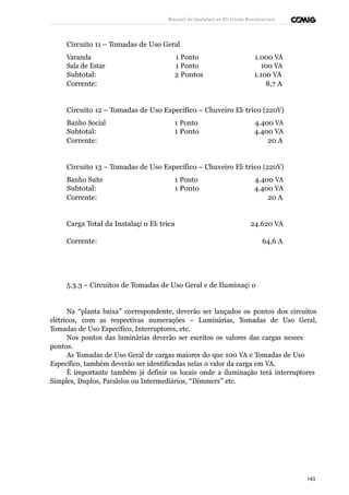 Manual de Instalaçõ es Elé tricas Residenciais 
Circuito 11 – Tomadas de Uso Geral 
Varanda 1 Ponto 1.000 VA 
Sala de Estar 1 Ponto 100 VA 
Subtotal: 2 Pontos 1.100 VA 
Corrente: 8,7 A 
Circuito 12 – Tomadas de Uso Específico – Chuveiro Elé trico (220V) 
Banho Social 1 Ponto 4.400 VA 
Subtotal: 1 Ponto 4.400 VA 
Corrente: 20 A 
Circuito 13 – Tomadas de Uso Específico – Chuveiro Elé trico (220V) 
Banho Suíte 1 Ponto 4.400 VA 
Subtotal: 1 Ponto 4.400 VA 
Corrente: 20 A 
Carga Total da Instalaçã o Elé trica 24.620 VA 
Corrente: 64,6 A 
5.3.3 – Circuitos de Tomadas de Uso Geral e de Iluminaçã o 
Na “planta baixa” correspondente, deverão ser lançados os pontos dos circuitos 
elétricos, com as respectivas numerações – Luminárias, Tomadas de Uso Geral, 
Tomadas de Uso Específico, Interruptores, etc. 
Nos pontos das luminárias deverão ser escritos os valores das cargas nesses 
pontos. 
As Tomadas de Uso Geral de cargas maiores do que 100 VA e Tomadas de Uso 
Específico, também deverão ser identificadas nelas o valor da carga em VA. 
É importante também já definir os locais onde a iluminação terá interruptores 
Simples, Duplos, Paralelos ou Intermediários, “Dimmers” etc. 
143 
 