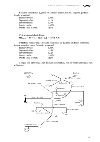 Manual de Instalaçõ es Elé tricas Residenciais 
Usando o condutor de 2,5 mm2 em todos os trechos, tem-se a seguinte queda de 
tensão percentual: 
Primeiro trecho: 0,86% 
Segundo trecho: 0,17% 
Terceiro trecho: 0,17% 
Quarto trecho: 0,08% 
Queda Tensã o Total: 1,28% 
b) Sentido do Sala de Estar: 
MEtotal = 78 + 16 + 13,2 + 2,4 = 109,6 A.m 
O MEtotal é maior em a). Usando o condutor de 2,5 mm2 em todos os trechos, 
tem-se a seguinte queda de tensão percentual: 
Primeiro trecho: 0,86% 
Segundo trecho: 0,18% 
Terceiro trecho: 0,15% 
Quarto trecho: 0,03% 
Queda Tensã o Total: 1,22% 
A seguir será apresentado um desenho esquemático, com os valores calculados para 
o Circuito 4: 
CIRCUITO 4 
1.900VA 
15A 
4,40 m x 3,9A = 17,3Am 
5,20 m x 15A = 78Am 
1,50 m x 4,7A = 7,1Am 
600VA 
Banho social 
Corredor 
Quarto 1 
Quarto 2 
2,50 m x 6,3A = 15,7Am 
2,50 m x 6,3A = 15,7Am 
QDC 
Quarto 1 
Quarto 1 
3,40 m x 4,7A = 16Am 
Quarto 1 
Sala 
4,20 m x 3,1A = 13,2Am 
Sala 
3 m x 0,79A = 2,4Am 
Sala 
2,70 m x 1,6A = 4,3Am 
3,70 m x 1,6A = 5,9Am 
Sala 
155 
 