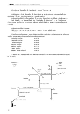 Manual de Instalaçõ es Elé tricas Residenciais 
Circuito 5: Tomadas de Uso Geral – 2.000 VA – 15,7 A 
O Circuito 5 é de Tomadas de Uso Geral, a seção mínima recomendada do 
condutor, é de 2,5 mm2 (ver subitem 3.3.1 página 67). 
O Momento Elétrico do condutor de 2,5 mm2 é de 182 A.m (Tabela 3.6 página 77). 
Pela Tabela 3.3 “Capacidade de Condução de Corrente” – 2 Condutores 
Carregados, página 70, a corrente máxima admitida é 24 A para esse condutor de 
2,5 mm2. 
O Momento Elétrico total: 
MEtotal = 39,3 + 39,3 + 39,3 + 41 + 13,7 + 14,2 = 186,8 A.m 
Usando o condutor de 4 mm2 (Momento Elétrico é 282 A.m) somente no primeiro 
trecho, tem-se a seguinte queda de tensão percentual: 
Primeiro trecho: 0,27% 
Segundo trecho: 0,43% 
Terceiro trecho: 0,43% 
Quarto trecho: 0,45% 
Quinto trecho: 0,15% 
Sexto trecho: 0,16% 
Queda Tensã o Total: 1,89% 
A seguir será apresentado um desenho esquemático, com os valores calculados para 
o Circuito 5: 
CIRCUITO 5 
2.000VA 
15,7A 
Quarto 
Suite 
Banho 
Suite 
600VA 
3 m x 4,7A = 14,2Am 
2,5 m x 5,5A = 13,7Am 
Corredor 
4 m x 10,2A = 41Am 
Corredor 2,50 m x 15,7A = 39,3Am 
2,50 m x 15,7A = 39,3Am 
Quarto 2 
Quarto 2 
Corredor 
2,50 m x 15,7A = 39,3Am 
QDC 
156 
 