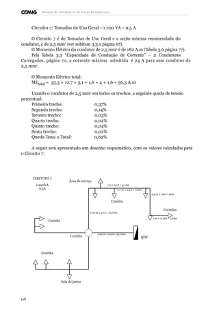 Manual de Instalaçõ es Elé tricas Residenciais 
Circuito 7: Tomadas de Uso Geral - 1.200 VA – 9,5 A 
O Circuito 7 é de Tomadas de Uso Geral e a seção mínima recomendada do 
condutor, é de 2,5 mm2 (ver subitem 3.3.1 página 67). 
O Momento Elétrico do condutor de 2,5 mm2 é de 182 A.m (Tabela 3.6 página 77). 
Pela Tabela 3.3 “Capacidade de Condução de Corrente” – 2 Condutores 
Carregados, página 70, a corrente máxima admitida é 24 A para esse condutor de 
2,5 mm2. 
O Momento Elétrico total: 
MEtotal = 33,3 + 12,7 + 3,1 + 1,6 + 4 + 1,6 = 56,3 A.m 
Usando o condutor de 2,5 mm2 em todos os trechos, a seguinte queda de tensão 
percentual: 
Primeiro trecho: 0,37% 
Segundo trecho: 0,14% 
Terceiro trecho: 0,03% 
Quarto trecho: 0,02% 
Quinto trecho: 0,04% 
Sexto trecho: 0,02% 
Queda Tensã o Total: 0,62% 
A seguir será apresentado um desenho esquemático, com os valores calculados para 
o Circuito 7: 
CIRCUITO 7 
1.200VA 
9,5A 
Área de serviço 
1 m x 3,1A = 3,1Am 
0,7 m x 2,4A = 1,6Am 
2,5 m x 1,6A = 4Am 
Cozinha 
2,70 m x 4,7A = 12,7Am 
Corredor 
Cozinha 
2 m x 0,79A = 1,6Am 
Cozinha 
3,50 m x 9,5A = 33,3Am 
QDC 
Cozinha 
Sala de jantar 
158 
 
