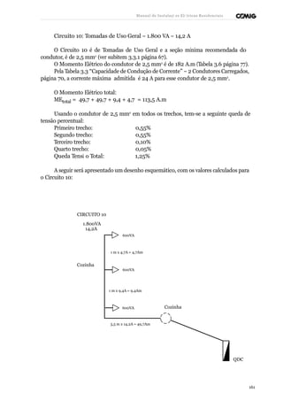 Manual de Instalaçõ es Elé tricas Residenciais 
Circuito 10: Tomadas de Uso Geral – 1.800 VA – 14,2 A 
O Circuito 10 é de Tomadas de Uso Geral e a seção mínima recomendada do 
condutor, é de 2,5 mm2 (ver subitem 3.3.1 página 67). 
O Momento Elétrico do condutor de 2,5 mm2 é de 182 A.m (Tabela 3.6 página 77). 
Pela Tabela 3.3 “Capacidade de Condução de Corrente” – 2 Condutores Carregados, 
página 70, a corrente máxima admitida é 24 A para esse condutor de 2,5 mm2. 
O Momento Elétrico total: 
MEtotal = 49,7 + 49,7 + 9,4 + 4,7 = 113,5 A.m 
Usando o condutor de 2,5 mm2 em todos os trechos, tem-se a seguinte queda de 
tensão percentual: 
Primeiro trecho: 0,55% 
Segundo trecho: 0,55% 
Terceiro trecho: 0,10% 
Quarto trecho: 0,05% 
Queda Tensã o Total: 1,25% 
A seguir será apresentado um desenho esquemático, com os valores calculados para 
o Circuito 10: 
CIRCUITO 10 
1.800VA 
14,2A 
600VA 
1 m x 4,7A = 4,7Am 
Cozinha 
600VA 
1 m x 9,4A = 9,4Am 
600VA Cozinha 
3,5 m x 14,2A = 49,7Am 
QDC 
161 
 
