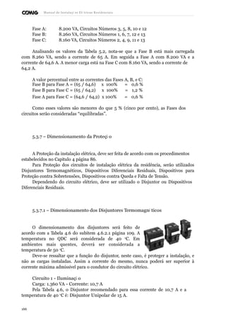 Manual de Instalaçõ es Elé tricas Residenciais 
Fase A: 8.200 VA, Circuitos Números 3, 5, 8, 10 e 12 
Fase B: 8.260 VA, Circuitos Números 1, 6, 7, 12 e 13 
Fase C: 8.160 VA, Circuitos Números 2, 4, 9, 11 e 13 
Analisando os valores da Tabela 5.2, nota-se que a Fase B está mais carregada 
com 8.260 VA, sendo a corrente de 65 A. Em seguida a Fase A com 8.200 VA e a 
corrente de 64,6 A. A menor carga está na Fase C com 8.160 VA, sendo a corrente de 
64,2 A. 
A valor percentual entre as correntes das Fases A, B, e C: 
Fase B para Fase A = (65 / 64,6) x 100% = 0,6 % 
Fase B para Fase C = (65 / 64,2) x 100% = 1,2 % 
Fase A para Fase C = (64,6 / 64,2) x 100% = 0,6 % 
Como esses valores são menores do que 5 % (cinco por cento), as Fases dos 
circuitos serão consideradas “equilibradas”. 
5.3.7 – Dimensionamento da Proteçã o 
A Proteção da instalação elétrica, deve ser feita de acordo com os procedimentos 
estabelecidos no Capítulo 4 página 86. 
Para Proteção dos circuitos de instalação elétrica da residência, serão utilizados 
Disjuntores Termomagnéticos, Dispositivos Diferenciais Residuais, Dispositivos para 
Proteção contra Sobretensões, Dispositivos contra Queda e Falta de Tensão. 
Dependendo do circuito elétrico, deve ser utilizado o Disjuntor ou Dispositivos 
Diferenciais Residuais. 
5.3.7.1 – Dimensionamento dos Disjuntores Termomagné ticos 
O dimensionamento dos disjuntores será feito de 
acordo com a Tabela 4.6 do subitem 4.6.2.1 página 109. A 
temperatura no QDC será considerada de 40 oC. Em 
ambientes mais quentes, deverá ser considerada a 
temperatura de 50 oC. 
Deve-se ressaltar que a função do disjuntor, neste caso, é proteger a instalação, e 
não as cargas instaladas. Assim a corrente do mesmo, nunca poderá ser superior à 
corrente máxima admissível para o condutor do circuito elétrico. 
Circuito 1 - Iluminaçã o 
Carga: 1.360 VA - Corrente: 10,7 A 
Pela Tabela 4.6, o Disjuntor recomendado para essa corrente de 10,7 A e a 
temperatura de 40 oC é: Disjuntor Unipolar de 15 A. 
166 
 