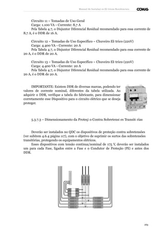 Manual de Instalaçõ es Elé tricas Residenciais 
Circuito 11 – Tomadas de Uso Geral 
Carga: 1.100 VA - Corrente: 8,7 A 
Pela Tabela 4.7, o Disjuntor Diferencial Residual recomendado para essa corrente de 
8,7 A, é o DDR de 16 A. 
Circuito 12 – Tomadas de Uso Específico – Chuveiro Elé trico (220V) 
Carga: 4.400 VA - Corrente: 20 A 
Pela Tabela 4.7, o Disjuntor Diferencial Residual recomendado para essa corrente de 
20 A, é o DDR de 20 A. 
Circuito 13 – Tomadas de Uso Específico – Chuveiro Elé trico (220V) 
Carga: 4.400 VA - Corrente: 20 A 
Pela Tabela 4.7, o Disjuntor Diferencial Residual recomendado para essa corrente de 
20 A, é o DDR de 20 A. 
IMPORTANTE: Existem DDR de diversas marcas, podendo ter 
valores de corrente nominal, diferentes da tabela utilizada. Ao 
adquirir o DDR, verifique a tabela do fabricante, para dimensionar 
corretamente esse Dispositivo para o circuito elétrico que se deseja 
proteger. 
5.3.7.3 – Dimensionamento da Proteçã o Contra Sobretensõ es Transitó rias 
Deverão ser instalados no QDC os dispositivos de proteção contra sobretensões 
(ver subitem 4.6.4 página 117), com o objetivo de suprimir os surtos das sobretensões 
transitórias, protegendo os equipamentos elétricos. 
Esses dispositivos com tensão contínua/nominal de 175 V, deverão ser instalados 
um para cada Fase, ligados entre a Fase e o Condutor de Proteção (PE) e antes dos 
DDR. 
169 
 