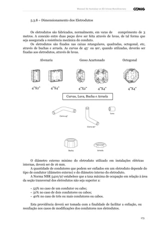 Manual de Instalaçõ es Elé tricas Residenciais 
5.3.8 – Dimensionamento dos Eletrodutos 
Os eletrodutos são fabricados, normalmente, em varas de comprimento de 3 
metros. A conexão entre duas peças deve ser feita através de luvas, de tal forma que 
seja assegurada a resistência mecânica do conduto. 
Os eletrodutos são fixados nas caixas retangulares, quadradas, octogonal, etc, 
através de buchas e arruela. As curvas de 45o ou 90o, quando utilizadas, deverão ser 
fixadas aos eletrodutos, através de luvas. 
Alvenaria Gesso Acartonado Octogonal 
4”X2” 4”X4” 4”X2” 4”X4” 4”X4” 
Curvas, Luva, Bucha e Arruela 
Curva 45°  
Luva 
Curva 90°  
        
  
Bucha Arruela 
O diâmetro externo mínimo do eletroduto utilizado em instalações elétricas 
internas, deverá ser de 16 mm. 
A quantidade de condutores que podem ser enfiados em um eletroduto depende do 
tipo de condutor (diâmetro externo) e do diâmetro interno do eletroduto. 
A Norma NBR 5410/97 estabelece que a taxa máxima de ocupação em relação à área 
da seção transversal dos eletrodutos não seja superior a: 
- 53% no caso de um condutor ou cabo; 
- 31% no caso de dois condutores ou cabos; 
- 40% no caso de três ou mais condutores ou cabos. 
Esta providência deverá ser tomada com a finalidade de facilitar a enfiação, ou 
reenfiação nos casos de modificações dos condutores nos eletrodutos. 
173 
 