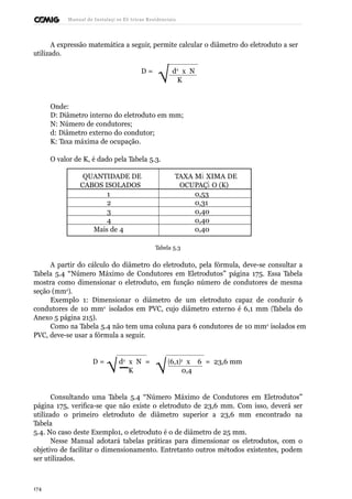 Manual de Instalaçõ es Elé tricas Residenciais 
A expressão matemática a seguir, permite calcular o diâmetro do eletroduto a ser 
Ö  Ö  
utilizado. 
Ö K 
D = d2 x N 
Onde: 
D: Diâmetro interno do eletroduto em mm; 
N: Número de condutores; 
d: Diâmetro externo do condutor; 
K: Taxa máxima de ocupação. 
O valor de K, é dado pela Tabela 5.3. 
QUANTIDADE DE 
CABOS ISOLADOS 
TAXA MÁ XIMA DE 
OCUPAÇÃ O (K) 
1 0,53 
2 0,31 
3 0,40 
4 0,40 
Mais de 4 0,40 
Tabela 5.3 
A partir do cálculo do diâmetro do eletroduto, pela fórmula, deve-se consultar a 
Tabela 5.4 “Número Máximo de Condutores em Eletrodutos” página 175. Essa Tabela 
mostra como dimensionar o eletroduto, em função número de condutores de mesma 
seção (mm2). 
Exemplo 1: Dimensionar o diâmetro de um eletroduto capaz de conduzir 6 
condutores de 10 mm2 isolados em PVC, cujo diâmetro externo é 6,1 mm (Tabela do 
Anexo 5 página 215). 
Como na Tabela 5.4 não tem uma coluna para 6 condutores de 10 mm2 isolados em 
PVC, deve-se usar a fórmula a seguir. 
D = d2 x N = (6,1)2 x 6 = 23,6 mm 
K 0,4 
Consultando uma Tabela 5.4 “Número Máximo de Condutores em Eletrodutos” 
página 175, verifica-se que não existe o eletroduto de 23,6 mm. Com isso, deverá ser 
utilizado o primeiro eletroduto de diâmetro superior a 23,6 mm encontrado na 
Tabela 
5.4. No caso deste Exemplo1, o eletroduto é o de diâmetro de 25 mm. 
Nesse Manual adotará tabelas práticas para dimensionar os eletrodutos, com o 
objetivo de facilitar o dimensionamento. Entretanto outros métodos existentes, podem 
ser utilizados. 
174 
 