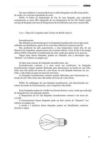 Manual de Instalaçõ es Elé tricas Residenciais 
Em uma residência, é recomendável que se utilize lâmpadas com IRC acima de 80, 
de modo a ter uma boa reprodução de cores. 
NOTA: O Índice de Reprodução de Cor de uma lâmpada, para reproduzir 
corretamente as cores (IRC) independe de sua Temperatura de Cor (K). Poderá existir 
um tipo de lâmpada com mais de Temperatura de Cor diferente, mas com o mesmo IRC. 
7.2.2 - Tipos de Lâ mpadas mais Usuais em Residê ncias a) 
Incandescentes 
São utilizadas na iluminação geral. As Lâmpadas Incandescentes são os tipos mais 
utilizados nas Residências, apesar de ter uma baixa Eficiência Luminosa (lm/W). 
Elas produzem luz pelo aquecimento, a uma temperatura muito alta, de um 
filamento de tungstênio, quando passa uma corrente elétrica. Cerca de 80 % da energia 
elétrica (kWh) consumida é transformada em calor, sendo que apenas 15 %, gera luz. 
Alguns tipos dessas lâmpadas, podem ser utilizadas com o Interruptor tipo 
“dimmer” (ver subitem 2.6 página 53). 
Os tipos mais comuns de Lâmpadas Incandescentes, são: 
Incandescente comum: é a mais usual nas residências. As lâmpadas 
incandescentes comuns quando fabricadas para funcionarem na tensão de 124 Volts, 
terão uma vida média em torno de 1.000 horas. Se esta lâmpada funcionar em 127 
Volts, a vida média cai para em torno de 750 horas. 
As lâmpadas incandescentes comuns quando fabricadas para funcionarem na 
tensão de 220 Volts, terão uma vida média em torno de 1.000 horas. 
NOTA: Na embalagem de uma lâmpada incandescente, está discriminado aos 
valores de tensão de funcionamento, com a respectiva vida média. 
Essas Lâmpadas podem ter o bulbo em diversas formas e cores, sendo que cada tipo 
de Lâmpada tem uma aplicação própria. 
A Temperatura de Cor das lâmpadas incandescentes comuns é em torno de 
2.700K. 
O funcionamento dessas lâmpadas pode ser feito através de “dimmers” (ver 
subitem 2.6 página 53). 
A tensão e a potência destas lâmpadas podem ser identificadas conforme 
desenho a seguir: 
191 
 