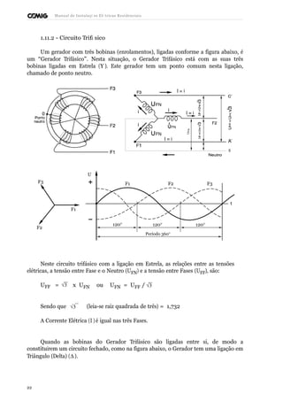 Manual de Instalaçõ es Elé tricas Residenciais 
1.11.2 - Circuito Trifá sico 
Um gerador com três bobinas (enrolamentos), ligadas conforme a figura abaixo, é 
um “Gerador Trifásico”. Nesta situação, o Gerador Trifásico está com as suas três 
bobinas ligadas em Estrela (Y ). Este gerador tem um ponto comum nesta ligação, 
chamado de ponto neutro. 
U 
F3 F1 
F2 F3 
t 
F1 
F2 
120°  120°  
  
Período 360°  
120°  
      
Neste circuito trifásico com a ligação em Estrela, as relações entre as tensões 
elétricas, a tensão entre Fase e o Neutro (UFN) e a tensão entre Fases (UFF), são: 
UFF = Ö3  x UFN ou UFN = UFF / Ö3  
  
   
Sendo que Ö3  (leia-se raiz quadrada de três) = 1,732 
A Corrente Elétrica ( I ) é igual nas três Fases. 
Quando as bobinas do Gerador Trifásico são ligadas entre si, de modo a 
constituírem um circuito fechado, como na figura abaixo, o Gerador tem uma ligação em 
Triângulo (Delta) (D). 
22 
 
