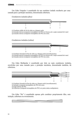 Manual de Instalaçõ es Elé tricas Residenciais 
Um Cabo Unipolar é constituído de um condutor isolado recoberto por uma 
camada para a proteção mecânica, denominada cobertura. 
Condutores isolados (fios) 
3 2 1 
(1) Condutor sólido de fio de cobre nu, têmpera mole. 
(2) Camada interna (composto termoplático de PVC) cor branca até a seção nominal de 6 mm2. 
(3) Camada externa (composto termoplático de PVC) em cores. 
Condutores isolados (cabos) 
3 2 1 
(1) Condutor formado de fios de cobre nu, têmpera mole (encordoamento). 
(2) Camada interna (composto termoplático de PVC) cor branca até a seção nominal de 6 mm2. 
(3) Camada externa (composto termoplático de PVC) em cores. 
Um Cabo Multipolar é constituído por dois ou mais condutores isolados, 
envolvidos por uma camada para a proteção mecânica, denominada também, de 
cobertura. 
4 3 2 1 
(1) Condutor formado de fios de cobre nu, têmpera mole (encordoamento). 
(2) Isolação (composto termoplático de PVC) em cores. 
(3) Capa interna de PVC. 
(4) Cobertura (composto termoplático de PVC) cor preta (cabos multipolares). 
Um Cabo “Nu” é constituído apenas pelo condutor propriamente dito, sem 
isolação, cobertura ou revestimento. 
66 
 