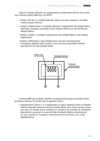 Manual de Instalaçõ es Elé tricas Residenciais 
Tipos de Isolação utilizadas em equipamentos/componentes elétricos (de acordo 
com a Norma vigente NBR 6151, da ABNT): 
· Isolaçã o Bá sica: é a isolação aplicada a partes vivas para assegurar a proteção 
contra choques elétricos; 
· Isolaçã o Suplementar: é a isolação adicional e independente da Isolação Básica, 
destinada a assegurar a proteção contra choques elétricos no caso de falha da 
Isolação Básica; 
·Isolaçã o Dupla: é a isolação composta por uma Isolação Básica e uma Isolação 
Suplementar; 
·Isolaçã o Reforçada: é uma isolação única, mas não necessariamente 
homogênea, aplicada sobre as partes vivas, que tem propriedades elétricas 
equivalente às de uma Isolação Dupla. 
Parte viva 
Isolação básica 
Isolação 
suplementar 
A Norma NBR 6151 também, classifica os equipamentos quanto a proteção contra 
os choques elétricos, de acordo com as seguintes classes: 
· Equipamento Classe 0: é o equipamento no qual a proteção contra os choques 
elétricos depende exclusivamente da Isolação Básica, não sendo previstos meios 
para ligar as massas (parte metálica) ao condutor de proteção da instalação, 
dependendo a proteção, em caso de falha da Isolação Básica, exclusivamente 
do meio ambiente. Exemplo: eletrodomésticos portáteis, tais como 
liqüidificadores; 
87 
 