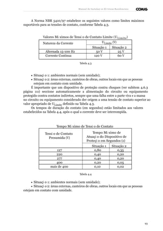 Manual de Instalaçõ es Elé tricas Residenciais 
A Norma NBR 5410/97 estabelece os seguintes valores como limites máximos 
suportáveis para as tensões de contato, conforme Tabela 4.3. 
Valores Má ximos de Tensã o de Contato Limite (ULimite) 
Natureza da Corrente ULimite (V) 
Situação 1 Situação 2 
Alternada 15-100 Hz 50 V 25 V 
Corrente Contínua 120 V 60 V 
Tabela 4.3 
· Situaçã o 1: ambientes normais (sem umidade); 
· Situaçã o 2: áreas externas, canteiros de obras, outros locais em que as pessoas 
estejam em contato com umidade. 
É importante que um dispositivo de proteção contra choques (ver subitem 4.6.3 
página 111) seccione automaticamente a alimentação do circuito ou equipamento 
protegido contra contatos indiretos, sempre que uma falha entre a parte viva e a massa 
no circuito ou equipamento considerado der origem a uma tensão de contato superior ao 
valor apropriado de ULimite definido na Tabela 4.3. 
Os tempos de duração do contato (em segundos) estão limitados aos valores 
estabelecidos na Tabela 4.4, após o qual a corrente deve ser interrompida. 
Tempo Má ximo de Tensã o de Contato 
Tempo Má ximo de 
Atuaçã o do Dispositivo de 
Proteçã o em Segundos (s) 
Tensã o de Contato 
Presumida (V) 
Situação 1 Situação 2 
127 0,80 0,35 
220 0,40 0,20 
277 0,40 0,20 
400 0,20 0,05 
mais de 400 0,10 0,02 
Tabela 4.4 
· Situaçã o 1: ambientes normais (sem umidade); 
· Situaçã o 2: áreas externas, canteiros de obras, outros locais em que as pessoas 
estejam em contato com umidade. 
93 
 