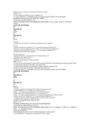 9 Cabeçote ou curva 135o pç 01 18 Terminal p/ aterramento caixa pç 01
ND-5.1 9 - 7
5)- Para sistemas de fixação da caixa, ver página 9-18
6)- Lista de material: V = quantidade variável em função da altura do padrão e do tipo de ligação.
PADRÃO COM RAMAL DE LIGAÇÃO AÉREO
LIGAÇÃO A 4 FIOS (TIPO J1, J2)
PARA ATENDER AOS CONSUMIDORES DOS ITENS 2.1.b, e c, pág. 1-4 (De 75 a 95 kVA)
NOTAS:
LISTA DE MATERIAL
ITE
M
DESCRIÇÃO
UNID
QUANT.
ITE
M
DESCRIÇÃO
UNI
D
QUANT
.
A B A B
1 Tampão (poste de aço) pç 01 01 10 Disjuntor termomagnético (Conf. Tabelas 2 e
3)
pç 01 01
2 Armação secundária de um estribo pç V V 11 Caixa para proteção geral CM-8 pç 01 01
3 Poste (aço, concreto ou madeira) pç 01 01 12 Haste 16 x 150 p/ armação secundária pç V V
4 Buchas e porcas-arruelas pç 02 02 13 Haste 16 x 350 p/ armação secundária pç V V
5 Condutor de cobre isolado (Conf. Tabelas 2 e
3)
cj V V 14 Cinta pç V V
6 Parafuso M8 ou M10 - rosca parcial m 02 02 15 Isolador roldana pç V V
7 Eletroduto (Conf. Tabelas 2 e 3) pç V V
8 Cabeçote ou curva 135 pç 02 01
9 Arame de aço galvanizado no 14 BWG pç 500 500
ND-5.1 9 - 8
1)- O teto da caixa de passagem (ou parte inferior da caixa CM-9) deve ser de baquelite de espessura mínima 10mm.
2)- Engastamento com base concretada , conf. página 9-19
3)- Para sistemas alternativos de ancoragem do ramal de ligação, ver página 9-18
4)- Devem ser previstas, no mínimo, 3 amarrações de 8 voltas cada
5)- Lista de material: V = quantidade variável em função da altura do padrão e do tipo de ligação.
LISTA DE MATERIAL
ITE
M
DESCRIÇÃO
UNID
QUANT
.
ITE
M
DESCRIÇÃO
UNI
D
QUANT.
A B A B
1 Armação secundária de um estribo pç V 01 10 Haste de aterramento pç 01 01
2 Isolador roldana pç V 01 11 Eletroduto (Conf. Tabela 6) pç V V
3 Haste 16 x 150 p/ armação secundária pç V 01 12 Caixa CM-4 pç 01 01
4 Parafuso M8 ou M10 - rosca parcial cj 02 01 13 Caixa CM-9 pç 01 01
5 Haste 16 x 350 p/ armação secundária pç 02 - 14 Arame de aço galvanizado no 14 BWG g 500 500
6 Poste de concreto DT 7-300daN pç 01 01 15 Conector Parafuso Fendido pç 01 01
7 Cabeçote ou curva 135 pç 02 01 16 Terminal Ater. Con. Bit. do Cond. Ater. pç 01 01
8 Condutor de cobre isolado (Conf. Tabela 7) m 48 24
9 Disjuntor termomagnético (Conf. Tabela 7) pç 01 01
ND-5.1 9 - 8
PADRÃO COM RAMAL DE LIGAÇÃO SUBTERRÂNEO
LIGAÇÃO À 4 FIOS (TIPO J3, J4 E J5)
PARA ATENDER AOS CONSUMIDORES DOS ITENS 2.1.b, c e f, Página 1-4 ( De 95, 1 a 150kVA)
Notas: 1 - V - quantidade variável
LISTA DE MATERIAL
ITEM DESCRIÇÃO UNID. QUANT. ITEM DESCRIÇÃO UNID. QUANT.
1 Caixa CM-9 pç 01 7 Tampa e aro caixa insp. (Conf. Tab. 7) pç 01
 