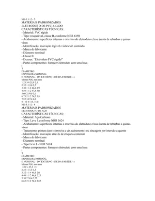 ND-5.1 12 - 7
MATERIAIS PADRONIZADOS
ELETRODUTO DE PVC RÍGIDO
CARACTERÍSTICAS TÉCNICAS:
- Material: PVC rígido
- Tipo: rosqueável, classe B, conforme NBR 6150
- Acabamento: superfícies internas e externas do eletroduto e luva isenta de rebarbas e quinas
vivas
- Identificação: marcação legível e indelével contendo
- Marca do fabricante
- Diâmetro nominal
- Classe B
- Dizeres: “Eletroduto PVC rígido”
- Partes componentes: fornecer eletroduto com uma luva
I
T
DIÂMETRO
ESPESSURA NOMINAL
E NOMINAL - DN EXTERNO - DE DA PAREDE - e
M mm POL mm mm
1 25 3/4 25,9 2,3
2 32 1 33,0 2,7
3 40 1 1/4 42,0 2,9
4 50 1 1/2 47,4 3,0
5 60 2 59,0 3,1
6 75 2 1/2 74,7 3,8
7 85 3 87,6 4,0
8 110 4 113,1 5,0
ND-5.1 12 - 8
MATERIAIS PADRONIZADOS
ELETRODUTO DE AÇO
CARACTERÍSTICAS TÉCNICAS:
- Material: Aço Carbono
- Tipo: Leve I, conforme NBR 5624
- Acabamento: superfícies internas e externas do eletroduto e luva isenta de rebarbas e quinas
vivas
- Tratamento: pintura (anti-corrosiva e de acabamento) ou zincagem por imersão a quente
- Identificação: marcação através de etiqueta contendo
- Marca do fabricante
- Diâmetro nominal
- Tipo Leve I - NBR 5624
- Partes componentes: fornecer eletroduto com uma luva
I
T
DIÂMETRO
ESPESSURA NOMINAL
E NOMINAL - DN EXTERNO - DE DA PAREDE - e
M mm POL mm mm
1 20 ¾ 25,2 1,5
2 25 1 31,5 1,5
3 32 1 1/4 40,5 2,0
4 40 1 1/2 46,6 2,25
5 50 2 58,4 2,25
6 65 2 1/2 74,1 2,85
 