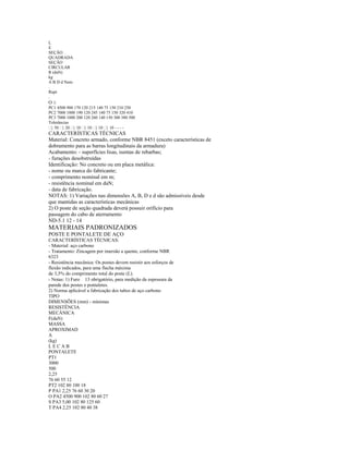 L
E
SEÇÃO
QUADRADA
SEÇÃO
CIRCULAR
R (daN)
kg
A B D d Nom
.
Rupt
.
O ±
PC1 4500 900 170 120 215 140 75 150 210 250
PC2 7000 1000 190 120 245 140 75 150 320 410
PC3 7000 1000 200 120 260 140 150 300 380 500
Tolerâncias
 50  20  10  10  10  10 - - - -
CARACTERÍSTICAS TÉCNICAS
Material: Concreto armado, conforme NBR 8451 (exceto características de
dobramento para as barras longitudinais da armadura)
Acabamento: - superfícies lisas, isentas de rebarbas;
- furações desobstruídas
Identificação: No concreto ou em placa metálica:
- nome ou marca do fabricante;
- comprimento nominal em m;
- resistência nominal em daN;
- data de fabricação.
NOTAS: 1) Variações nas dimensões A, B, D e d são admissíveis desde
que mantidas as características mecânicas
2) O poste de seção quadrada deverá possuir orifício para
passagem do cabo de aterramento
ND-5.1 12 - 14
MATERIAIS PADRONIZADOS
POSTE E PONTALETE DE AÇO
CARACTERÍSTICAS TÉCNICAS:
- Material: aço carbono
- Tratamento: Zincagem por imersão a quente, conforme NBR
6323
- Resistência mecânica: Os postes devem resistir aos esforços de
flexão indicados, para uma flecha máxima
de 3,5% do comprimento total do poste (L).
- Notas: 1) Furo 13 obrigatório, para medição da espessura da
parede dos postes e pontaletes.
2) Norma aplicável a fabricação dos tubos de aço carbono
TIPO
DIMENSÕES (mm) - mínimas
RESISTÊNCIA
MECÂNICA
F(daN)
MASSA
APROXIMAD
A
(kg)
L E C A B
PONTALETE
PT1
3000
500
2,25
76 60 55 12
PT2 102 80 100 18
P PA1 2,25 76 60 30 20
O PA2 4500 900 102 80 60 27
S PA3 5,00 102 80 125 60
T PA4 2,25 102 80 40 38
 